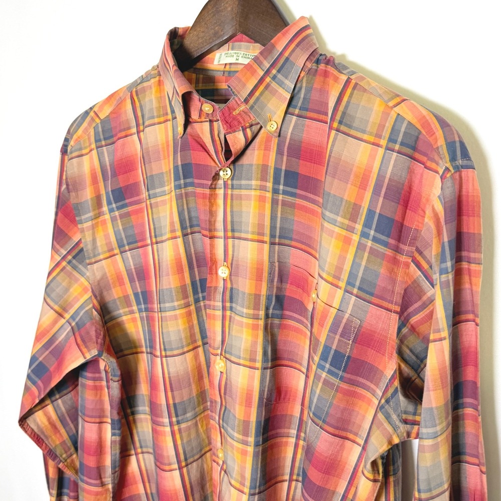 Orvis Mens Plaid Button Down Shirt Orange Red Blue Cotton Long Sleeve Size M